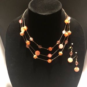 Artisan 16” Coral Died Shell and Glass Designed Beads 3 Tr Necklace & Earrings